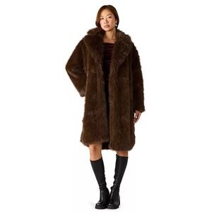 Steve Madden Womens Shaggy Faux Fur Longline Coat Brown Notched Lapel Jacket